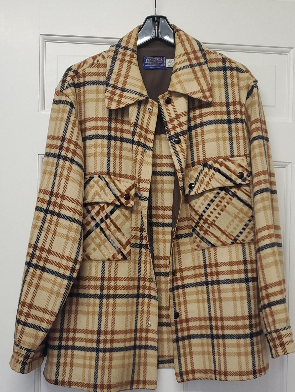VINTAGE PENDLETON Cream and Brown Plaid Wool Utility Jacket